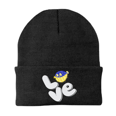 Love Fishing Blue Blowfish Globe Embroidered Beanie